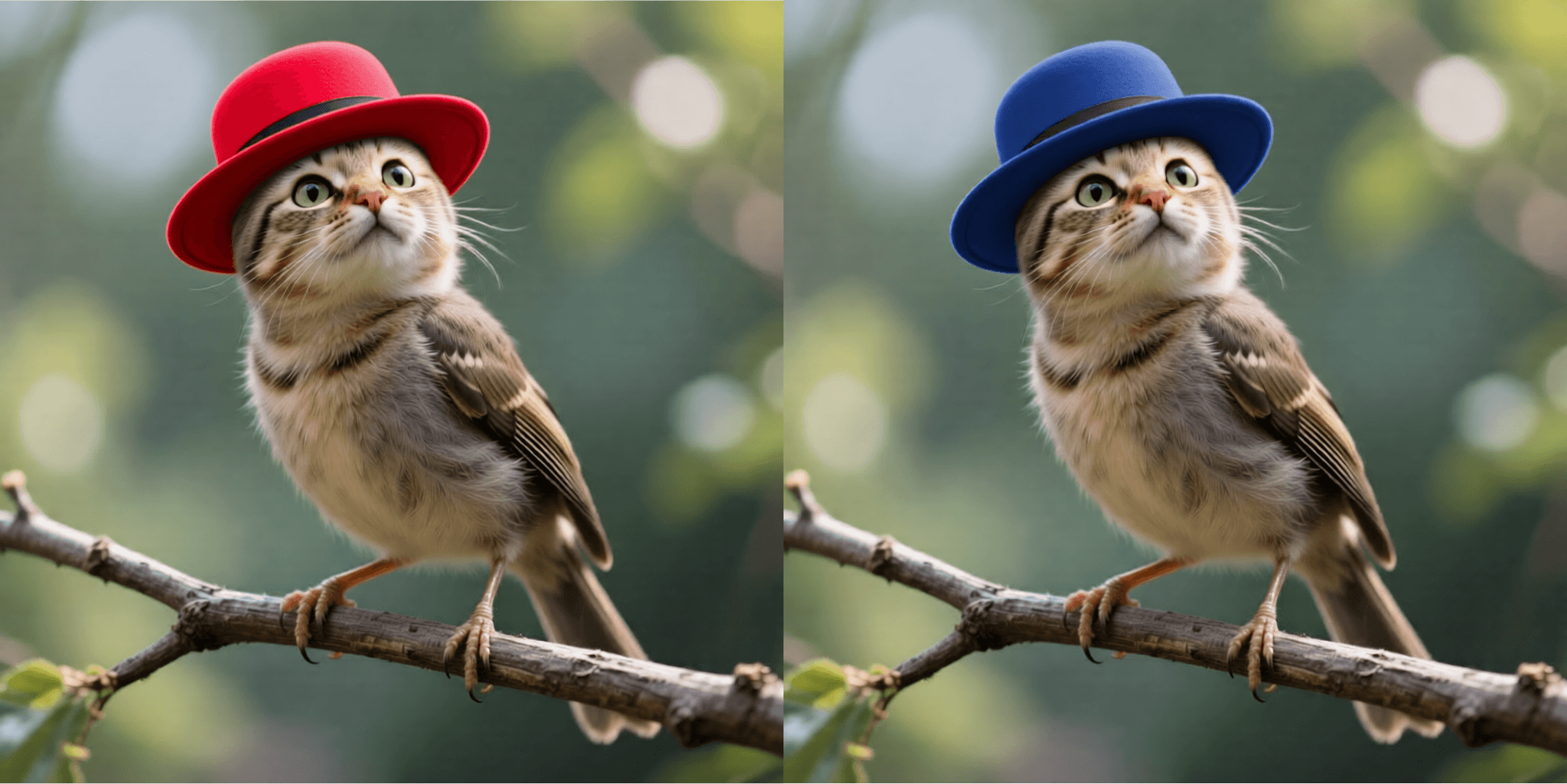 Cute cat wearing a red hat next to the same cat with a blue hat — change colors instantly in photos using AI color editing in Sinaï Studio.