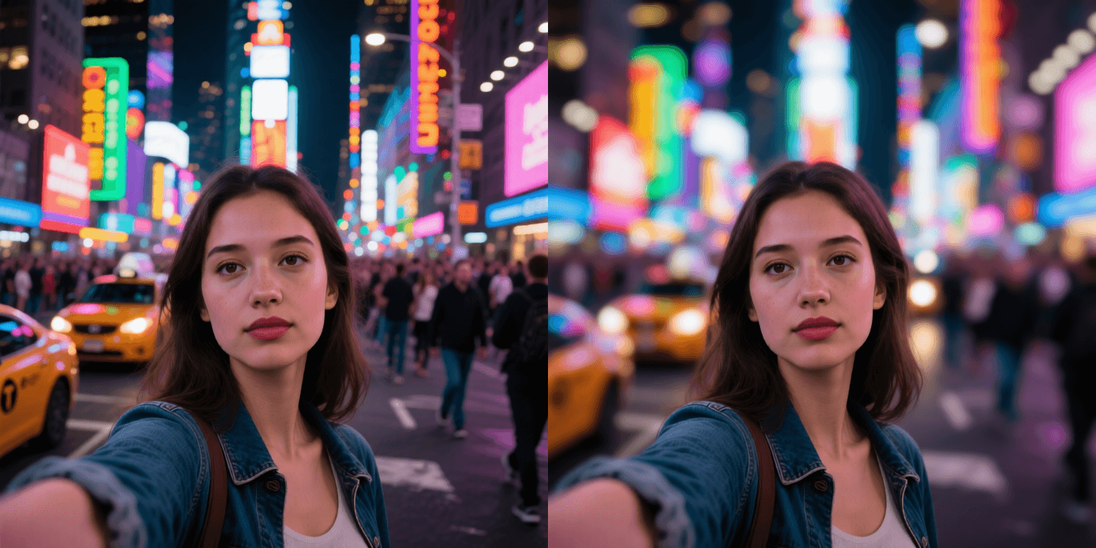 Portrait edited in Sinaï Studio showing a softly blurred background on a smartphone display.