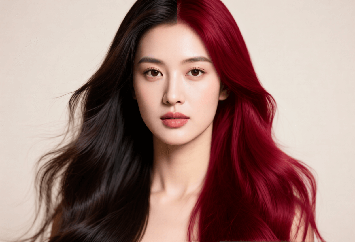 Smartphone showing Sinaï Studio recoloring hair from brunette to copper using its AI tools.